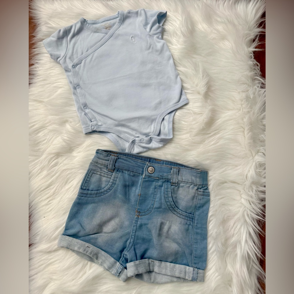 Light Blue bodysuit and Denim Baby Shorts